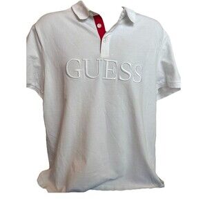 Men’s White Embroidery On White Guess Golf Polo Shirt  SZ XL